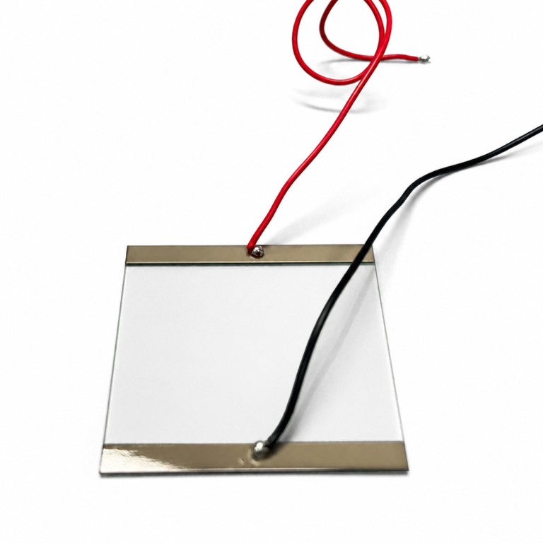 Custom rectangular ITO heating glass panel with fired silver busbars and lead wires